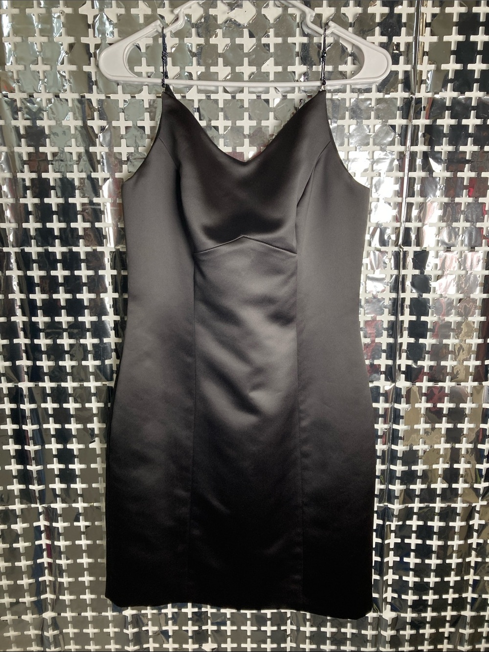 Kenar Black Satin Mini Slip Dress with Spaghetti Straps